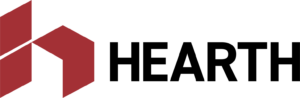 The image shows the Hearth logo with two red geometric shapes to the left of the word HEARTH in black, bold capital letters on a light background.