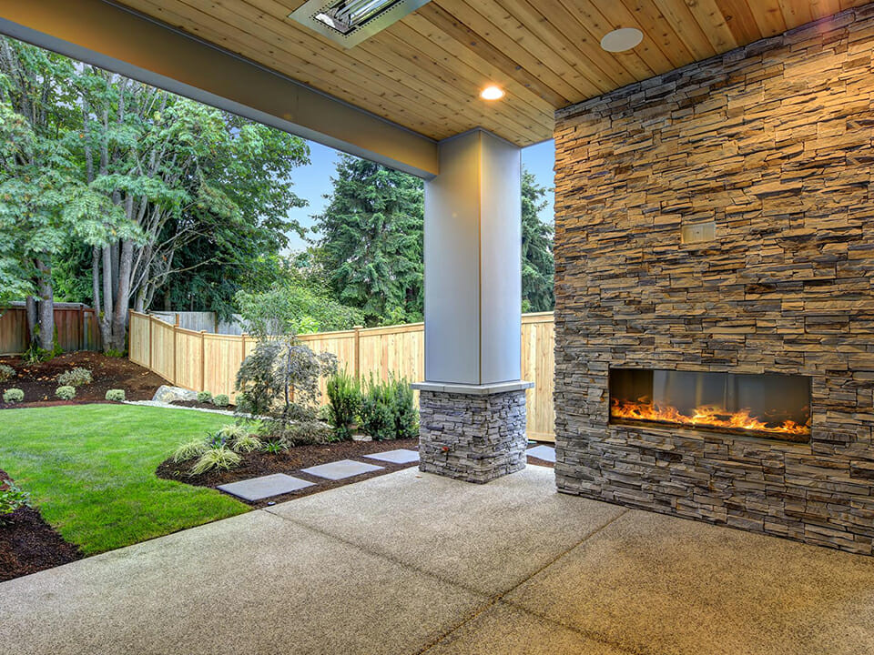 outdoor living space with lightning